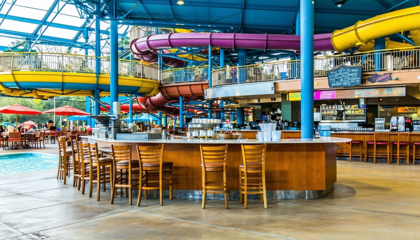 Food court area with diverse dining options at a water park