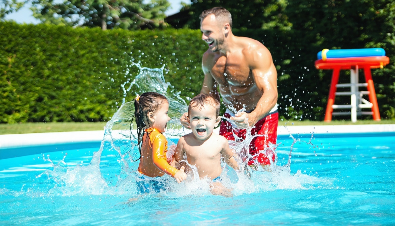 Family enjoying a splash pool with lifeguard supervision