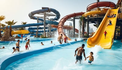 Families enjoying water slides and pools at a Dubai water park Families enjoying water slides and pools at a Dubai water park