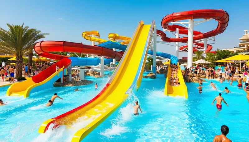 A vibrant Dubai water park with exciting slides, family-friendly pools, and lively visitors enjoying a sunny day. A vibrant Dubai water park with exciting slides, family-friendly pools, and lively visitors enjoying a sunny day.