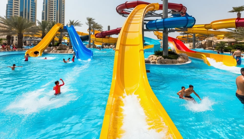 A vibrant Dubai water park with slides, pools, and happy families enjoying their visit. A vibrant Dubai water park with slides, pools, and happy families enjoying their visit.