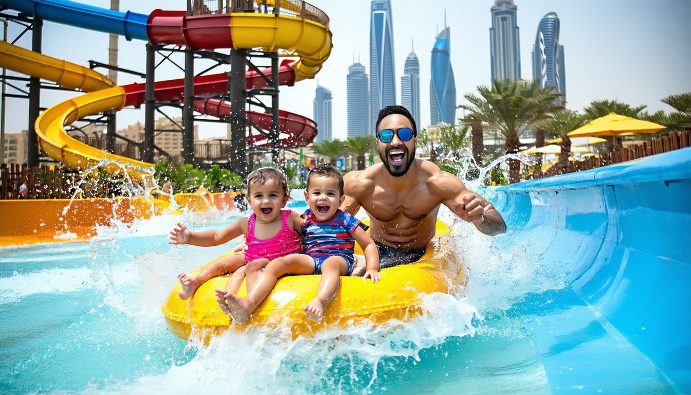 Family enjoying water park rides in Dubai